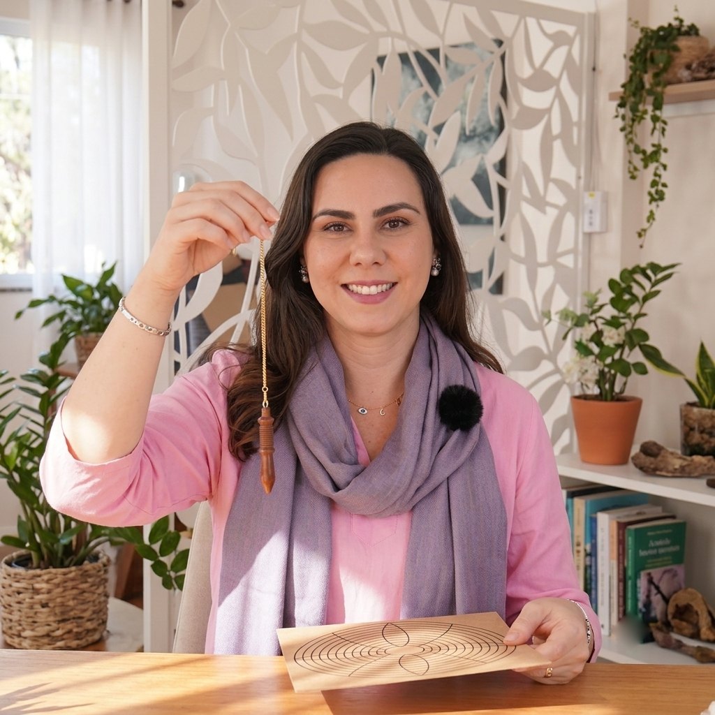 Robertha Dutra segurando o pendulo sobre o grafico radiestesico, na mesa de atendimento