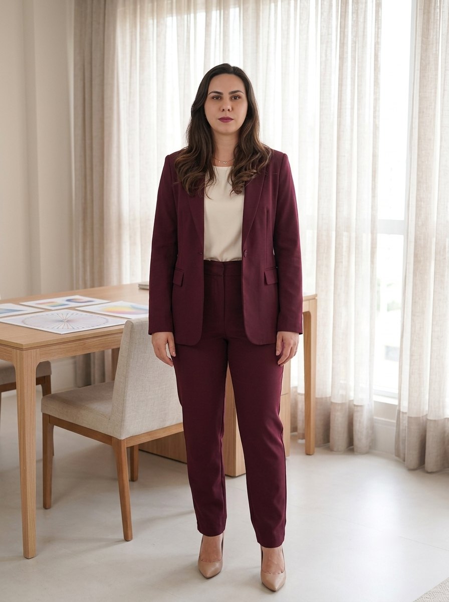 Robertha Dutra em pe ao lado da mesa de trabalho, com os graficos de radiestesia