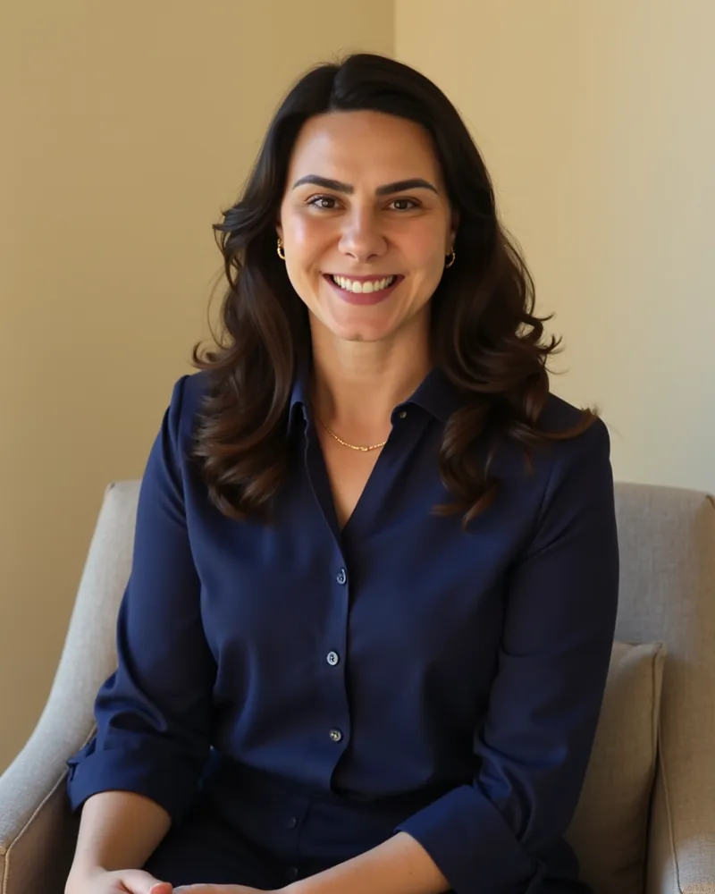Robertha Dutra sorrindo, sentada numa poltrona