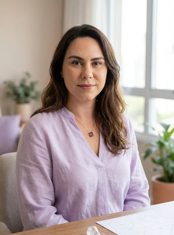 Robertha Dutra, radiestesista, à mesa de atendimento